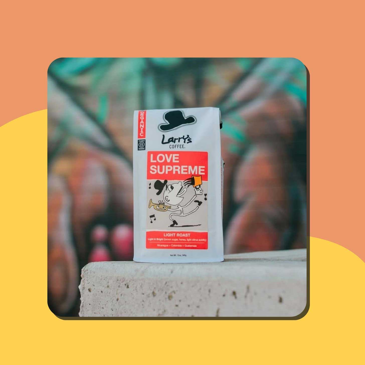 A bag of Larry's Coffee beans