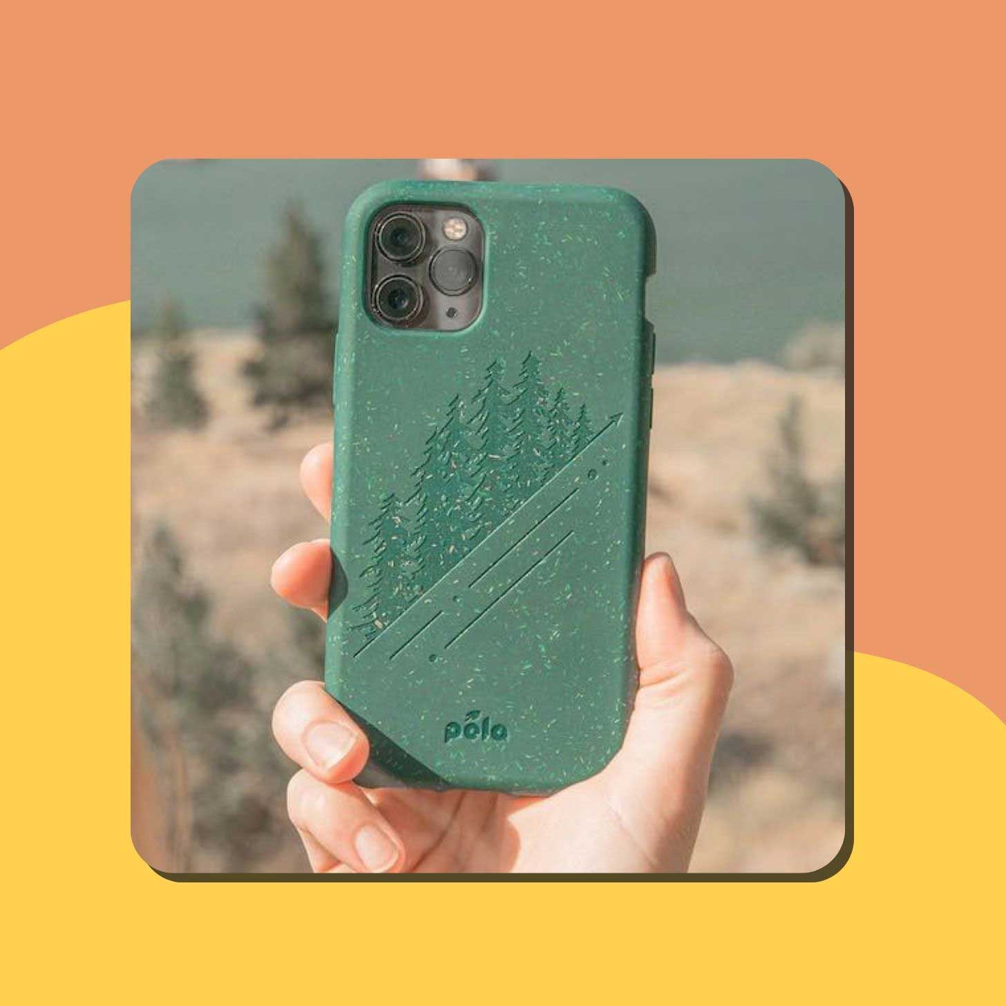 An iPhone with a green Pela phone case
