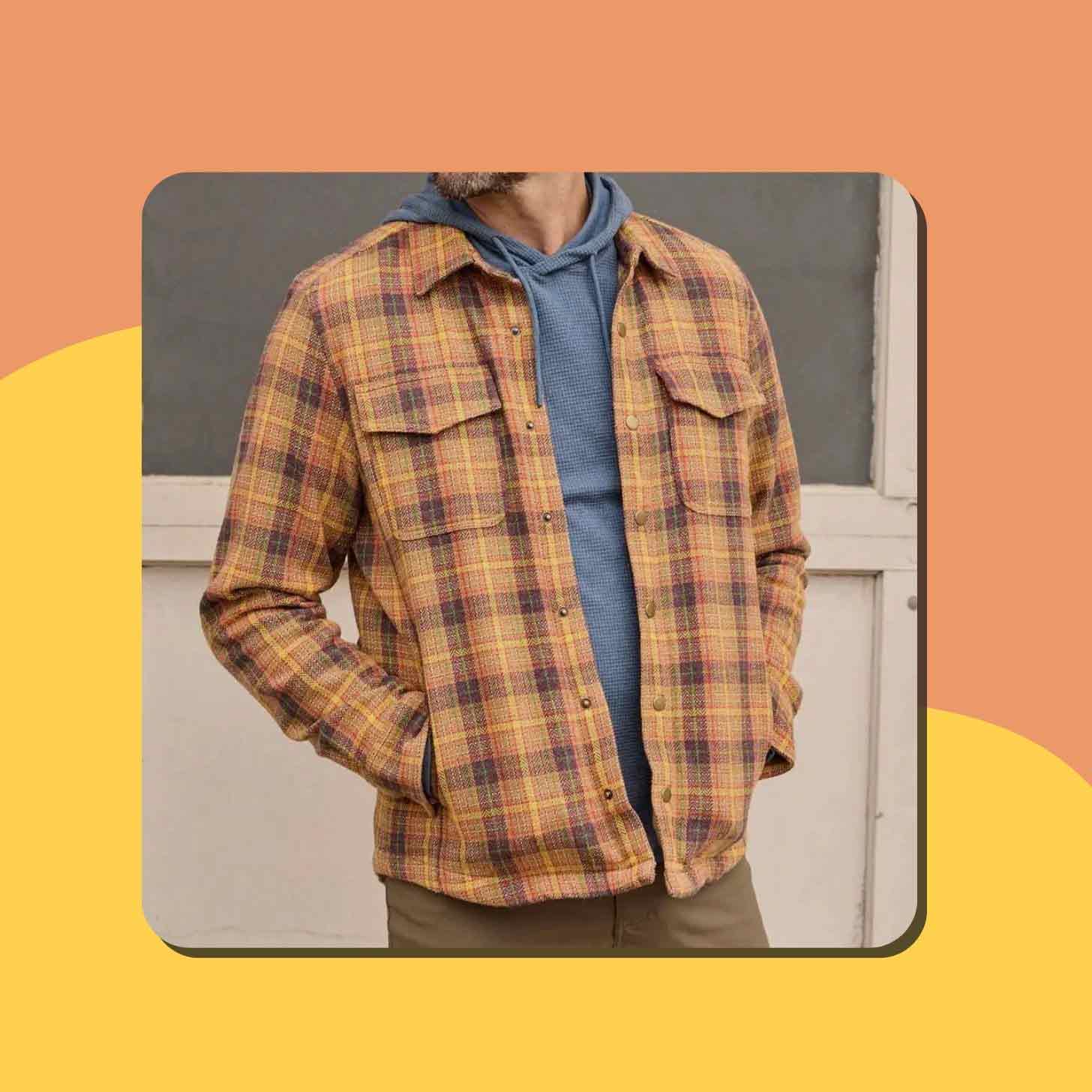 A man wears a yellow plaid shirt jacket from Toad&Co