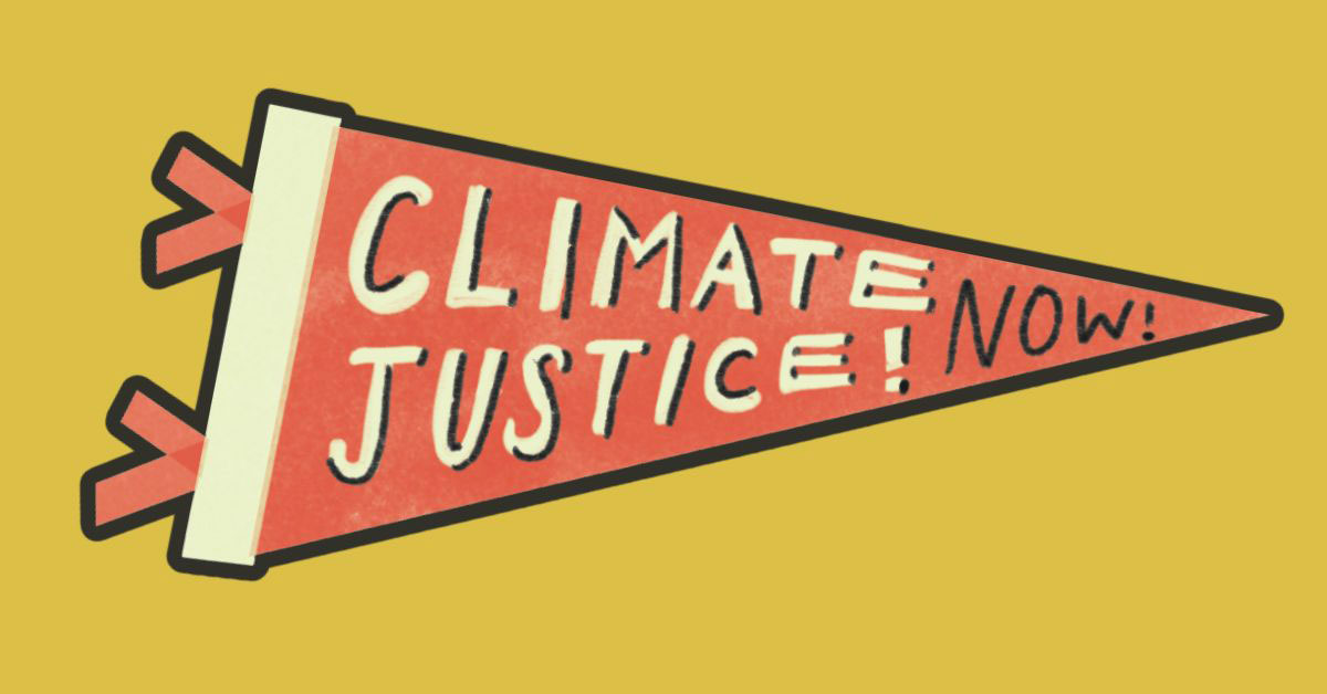 An illustration of a red pennant flag that reads "Climate justice now"