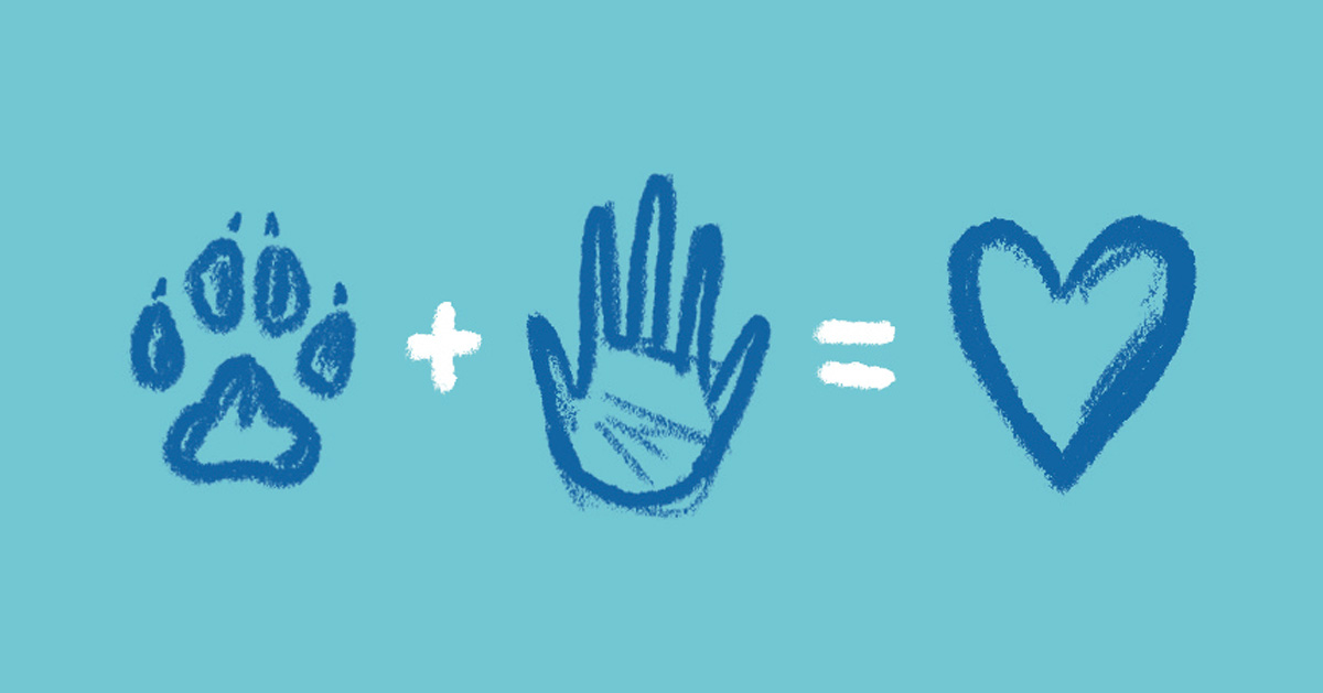 An illustration of a pawprint, hand, and heart