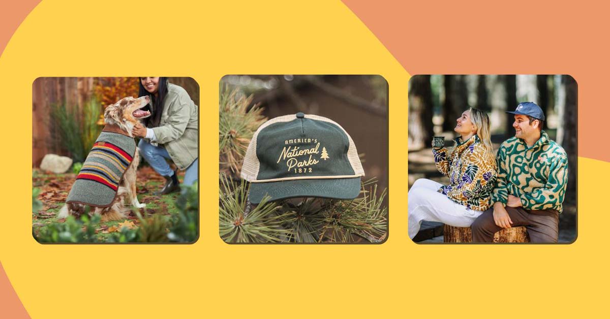National Parks gifts: A Pendelton dog coat, trucker hat, and Parks Project fleece jackets