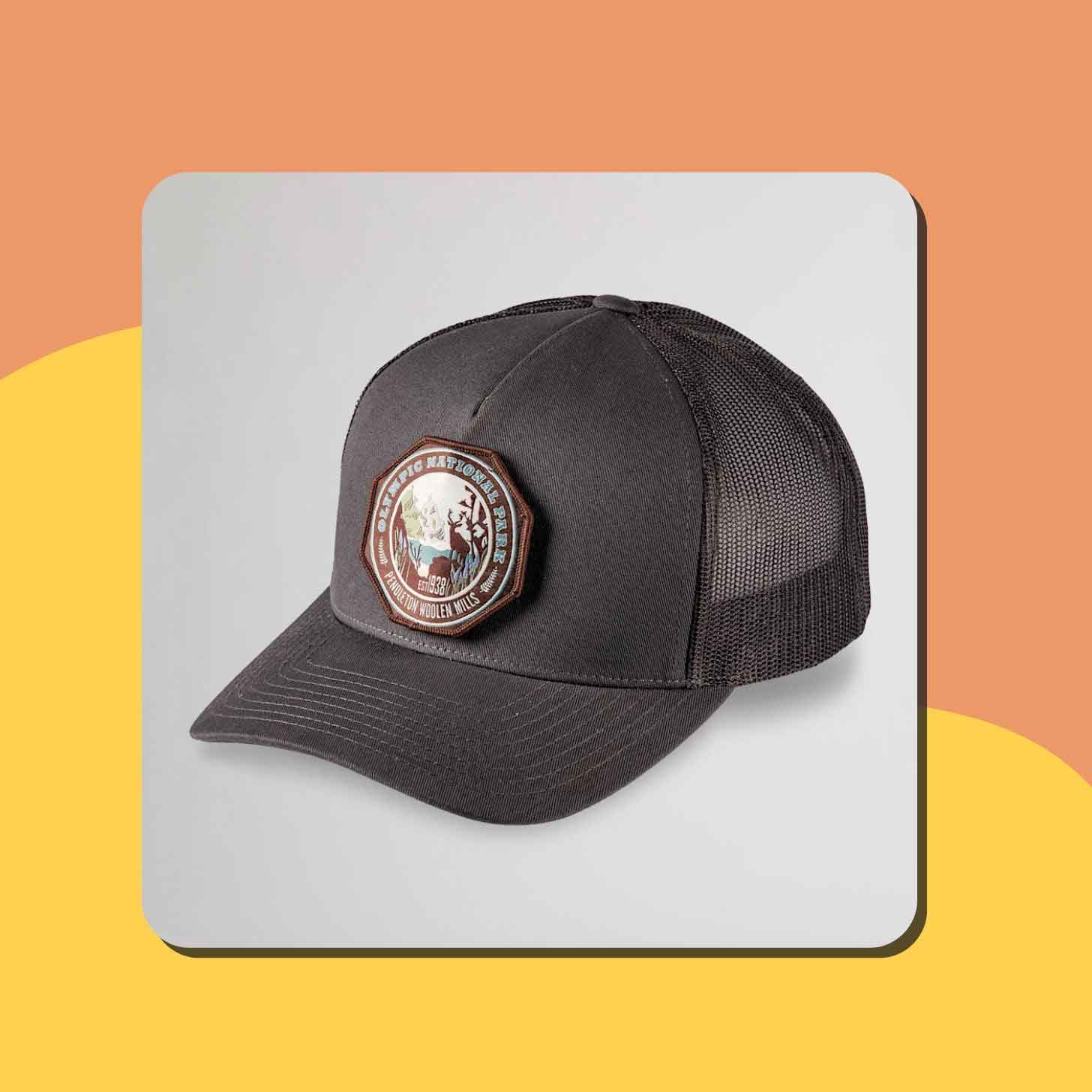 A black trucker hat that reads "Olympic National Park"