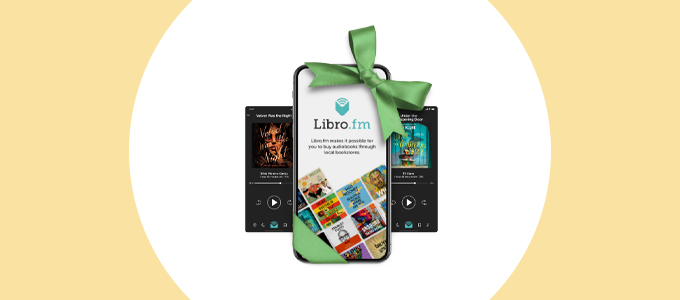 Smartphone with a green bow wrapped around it, and two screenshots of audiobooks on its left and right side.