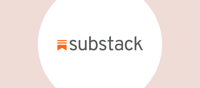 Substack logo: Orange bookmark icon with "substack" in grey letters.