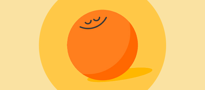 An orange circle with a closed-eye smiley face on it on a yellow background.