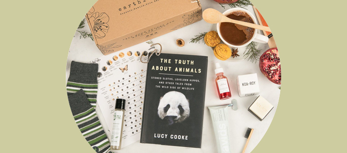 Overhead flatlay of an earthlove box with contents scattered around it: A pair of socks, book titled "The Truth About Animals", mug of hot chocolate with stir spoon and two cookies, toothpaste and toothbrush, and a few personal care items.h