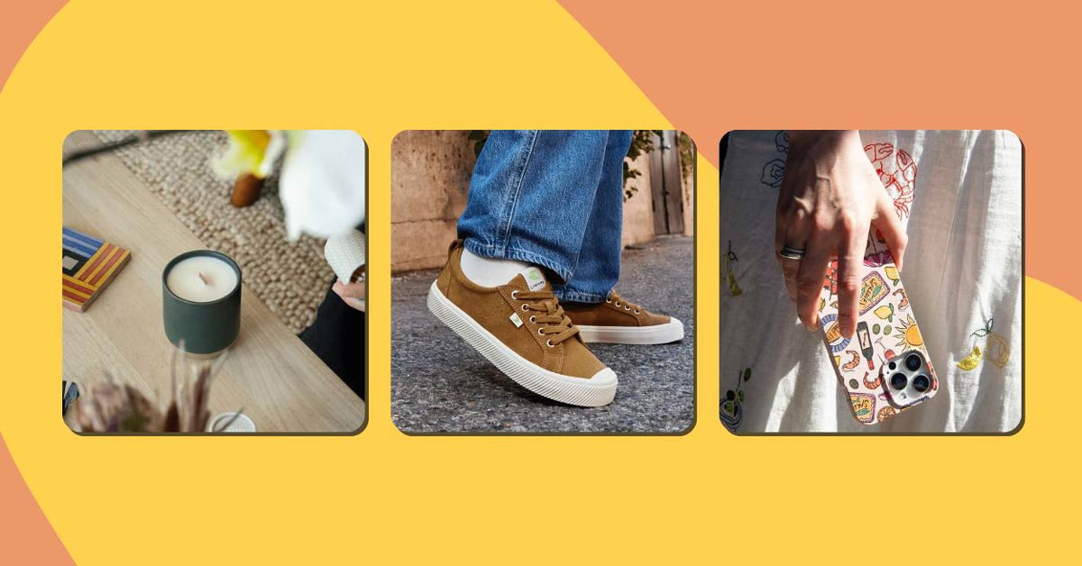 Gifts for environmentalists include an eco-friendly Siblings candle, Cariuma sneakers, and a Pela phone case
