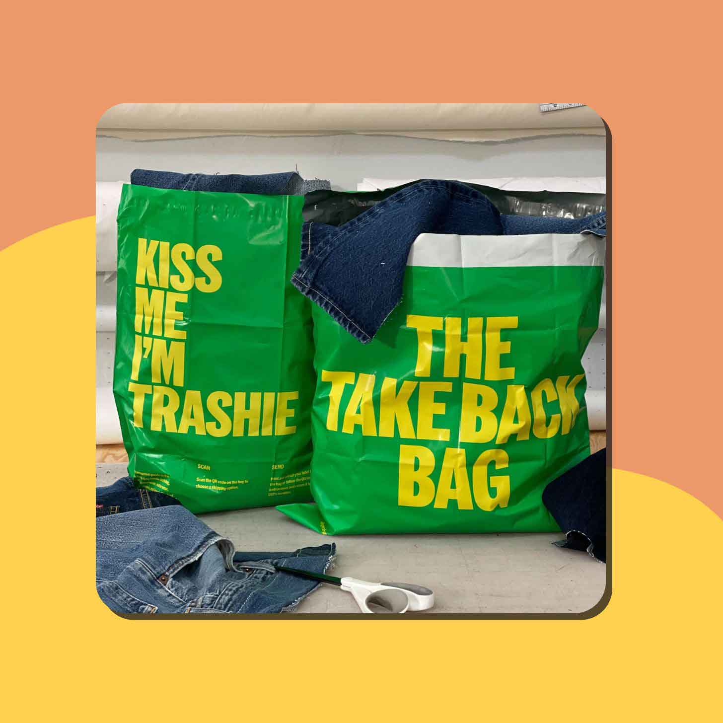 Clothes spill out of two green "Take Back Bags" from Trashie