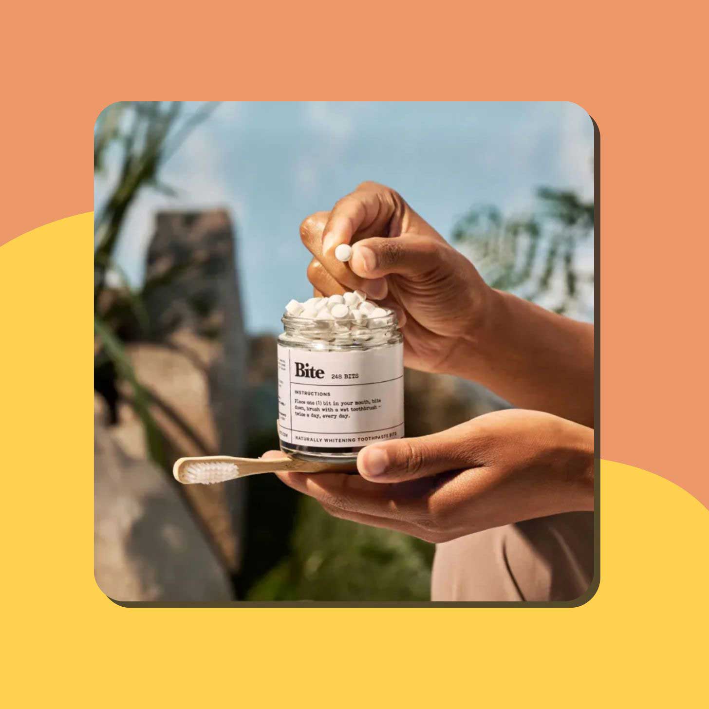 A glass jar of toothpaste tabs from Bite