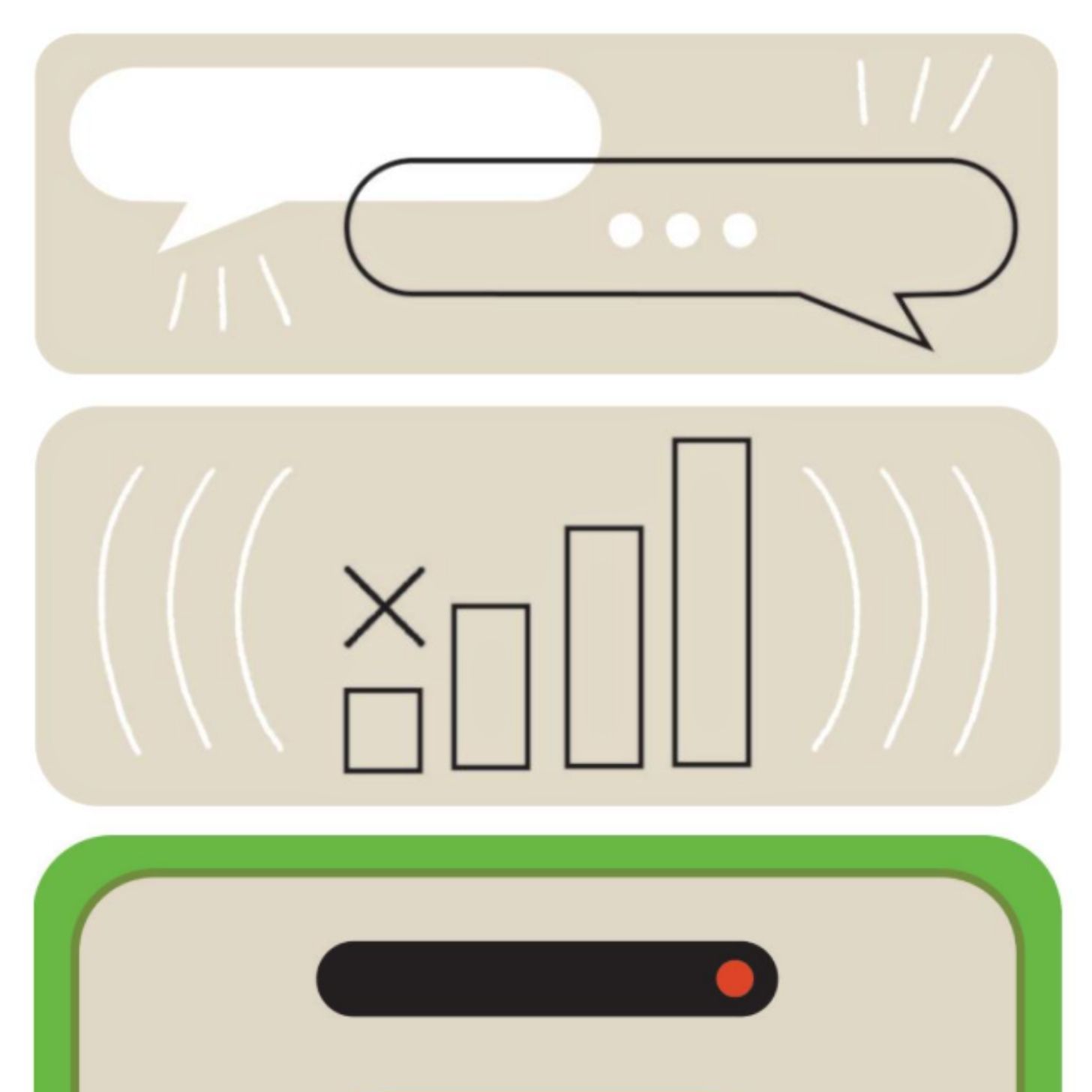 A series of speech bubbles and cell towers ilustrated against a beige background