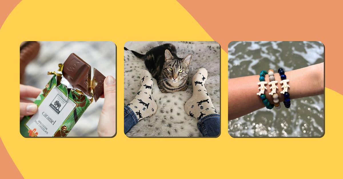 Three gifts for animal lovers: Endangered Species chocolate, Conscious Step socks that save cats, and Fahlo wildlife tracking bracelets