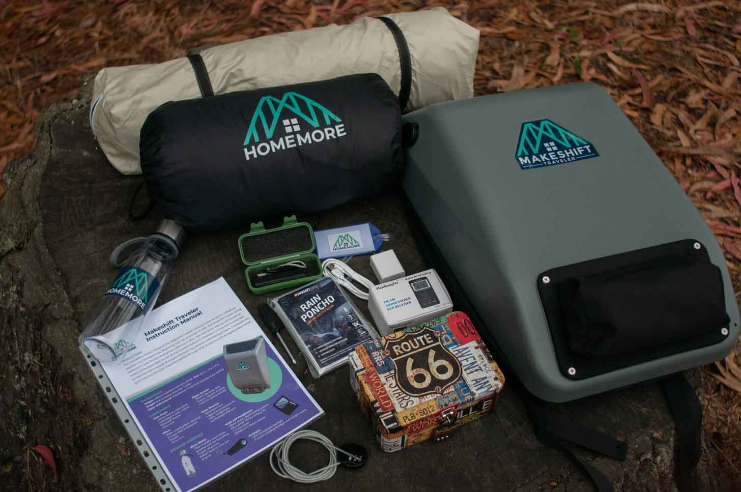 A hard-shell solar powered Makeshift Traveler backpack, next to a spread of items like a tent, sleeping bag, water bottle, rain poncho, and more.