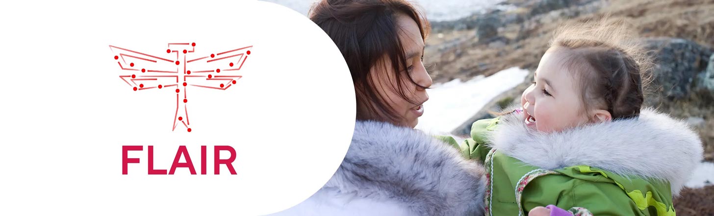 A photo of an Indigenous woman and a child, next to a logo for FLAIR