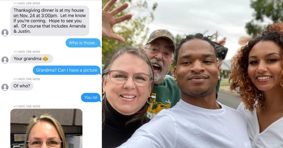 On the left, a group text conversation in which an unknown number invites people to Thanksgiving. Teen responds: Who is those. Wrong number responds: Your grandma. On the right: two couples smiling as they take a group photo together, Jamal and Wanda among them.