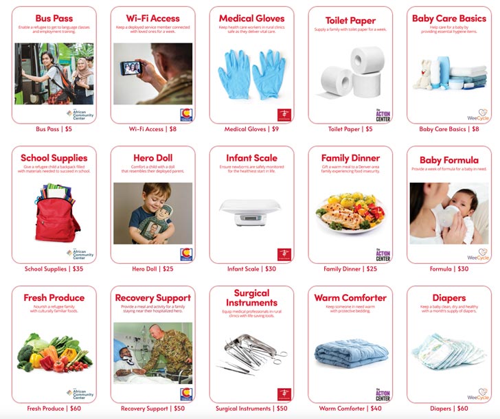 A list of items available in Denver's Giving Machine this year