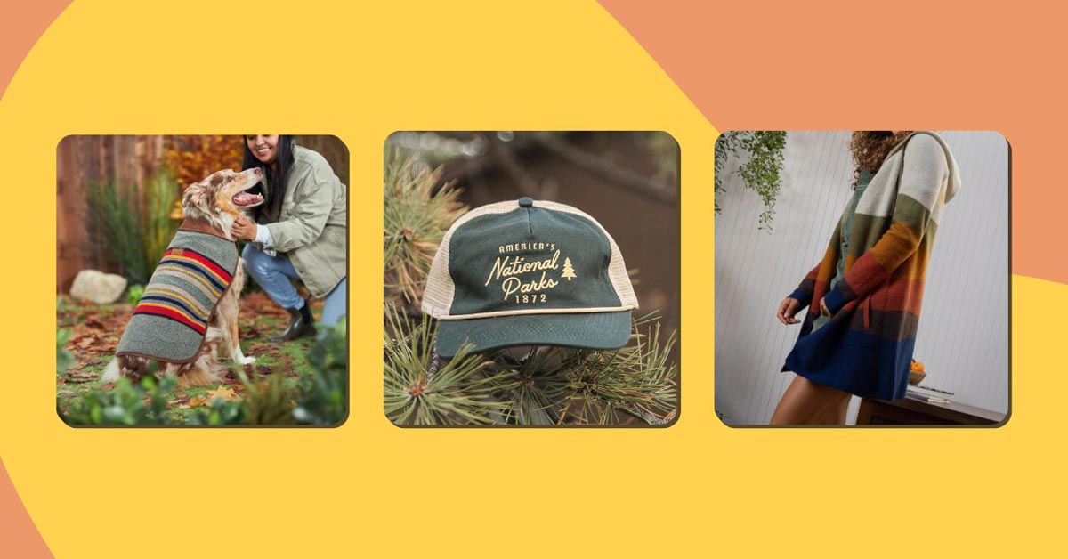 National Parks gifts: A Pendelton dog coat, trucker hat, and Toad&Co merino sweaters