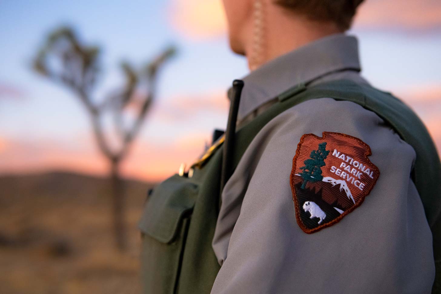 A close-up of a National Park Service badge on the sleeve of a park ranger