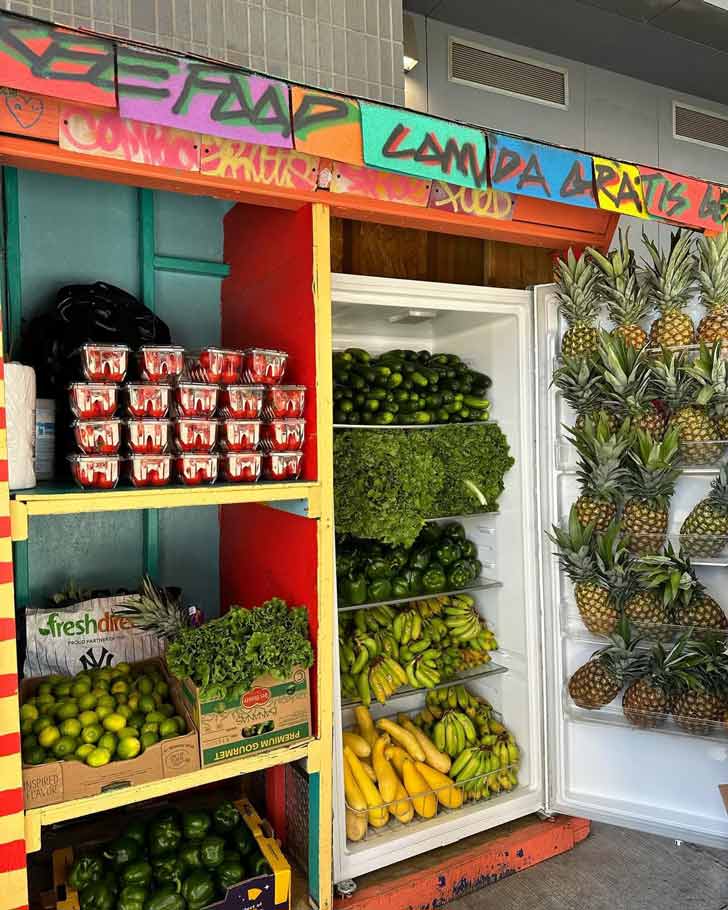 Produce like kale, cucumbers, and pineapples sits in a community fridge in Harlem