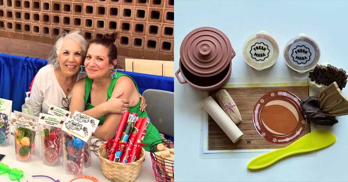 Two photos side-by-side. on the left is a mother-daughter duo. On the right is a flay-lay of a kid's Play-Dough set