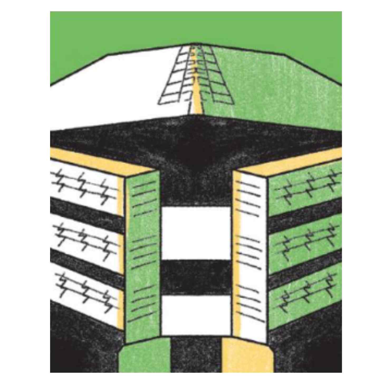 A sketch in black,green, yellow, and white of a factory