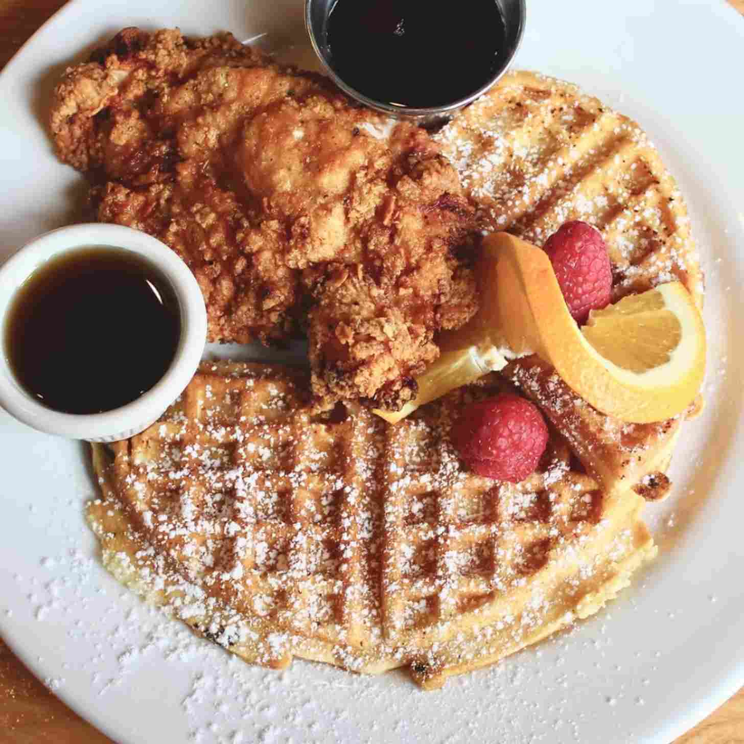 a plate of chicken and waffles 