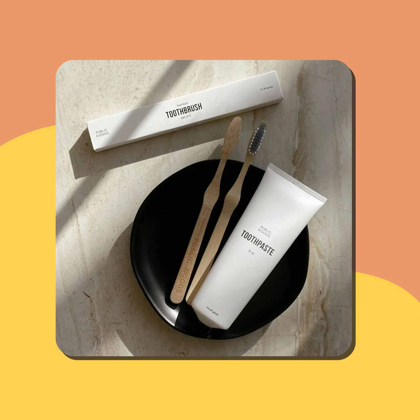 Bamboo toothbrush and toothpaste from Public Goods