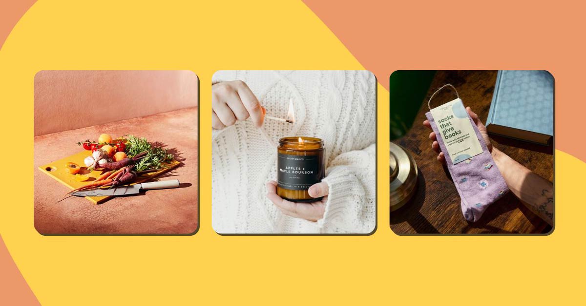 Gifts that give back: Material Kitchen ReBoard, Calyan Wax Co candle, and Conscious Step socks