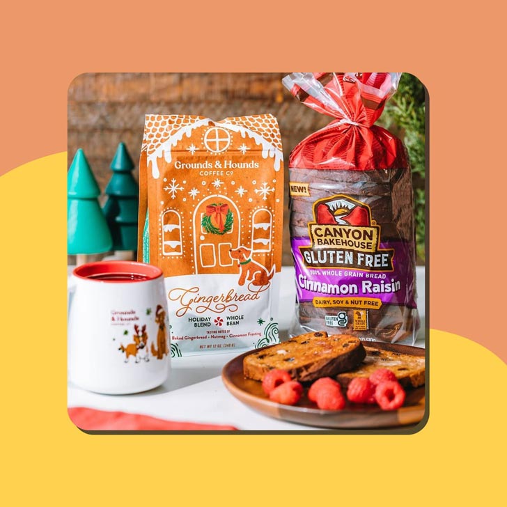 Grounds & Hounds coffee next to a full breakfast spread