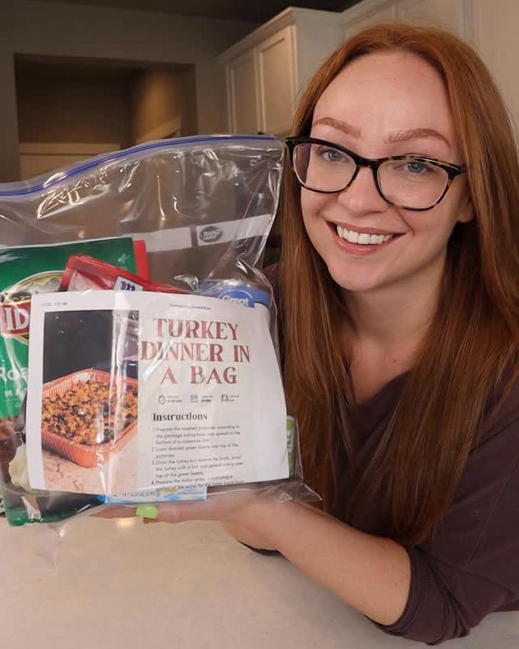 Rebecca Chobat of Dollar Tree Dinners, holds up a meal in a bag