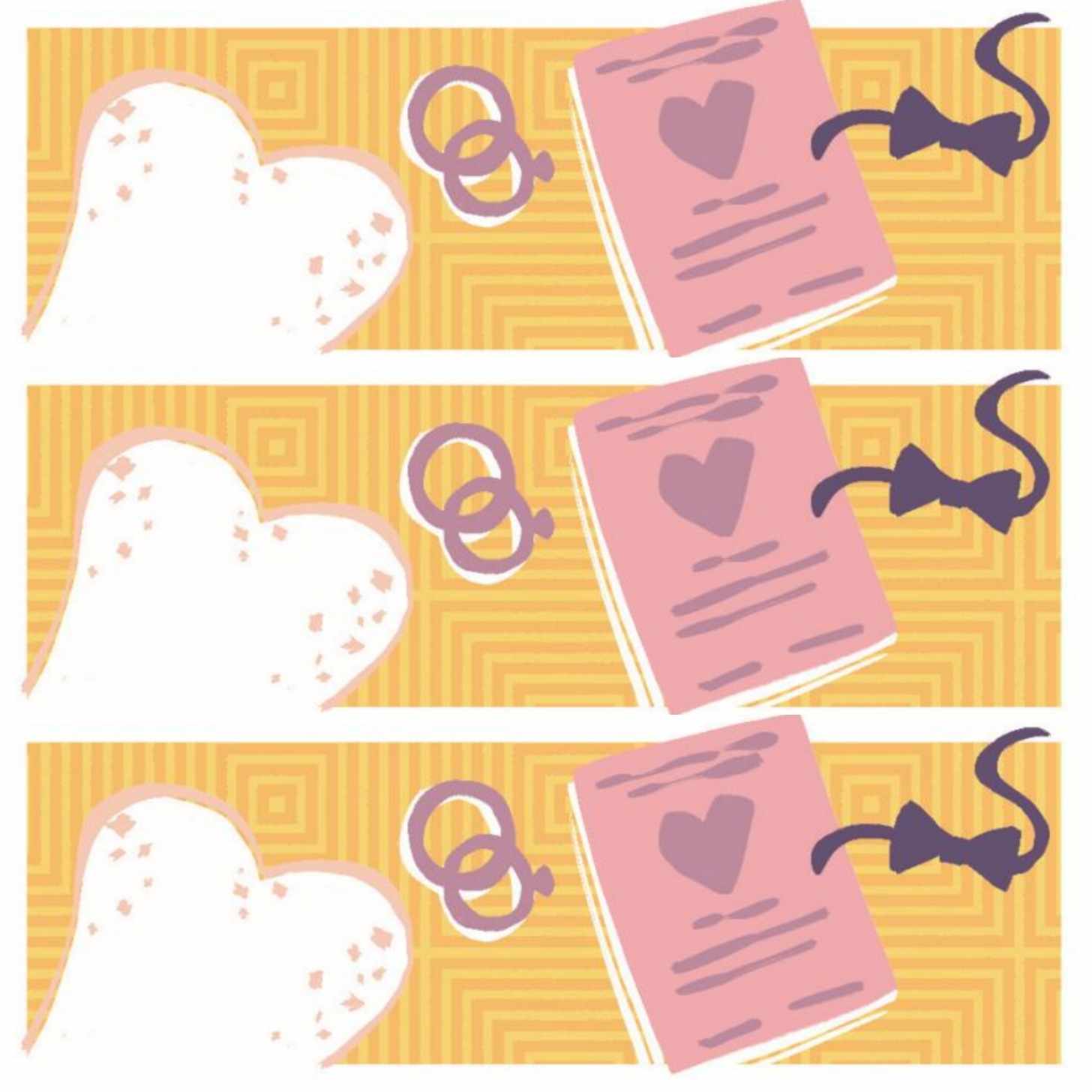 A repeating pattern of a heart, rings, marriage certificate, and bowtie against a orange background (drawing)