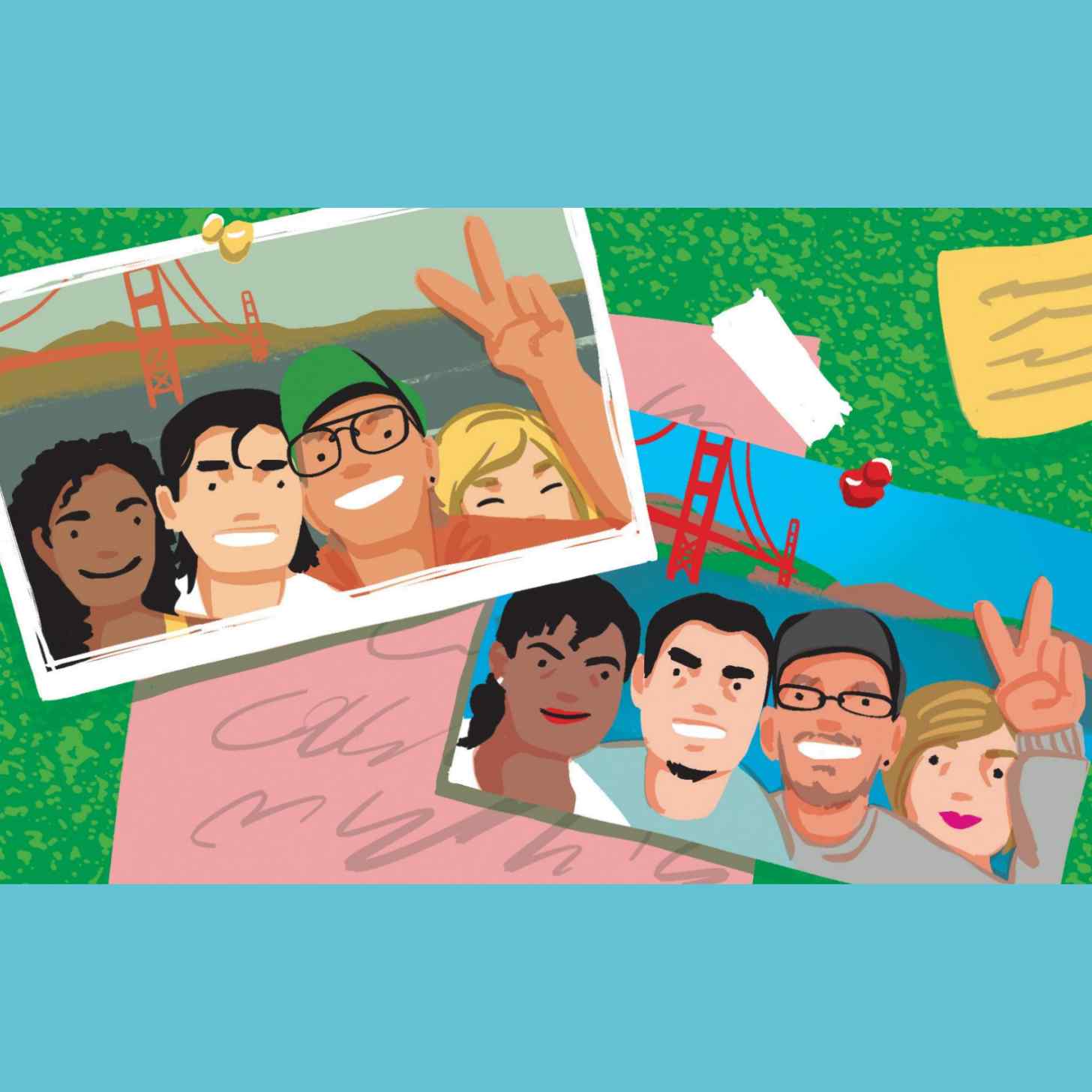Illustration of a collage of friends hanging out in various snapshots