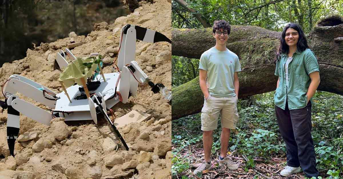Two photos side by side. On the left is a six-legged spider robot atop dry soil. On the right is a pair of 19-year-old students, a boy and a girl, standing among green trees