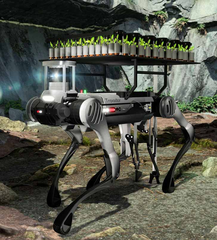 A robot carries tree saplings on its back