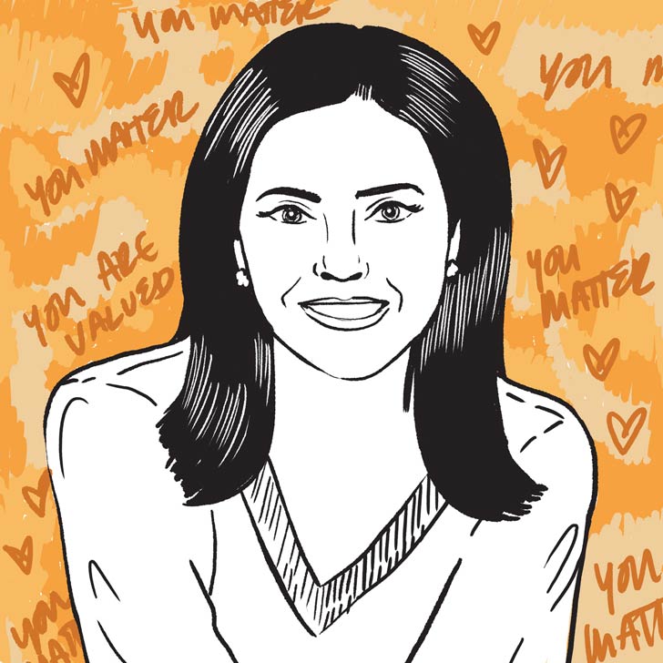 An illustration of Jennifer Wallace over a scribbled orange background