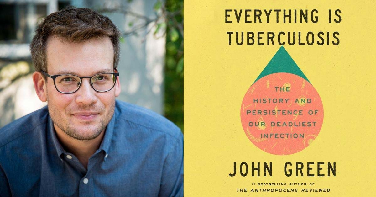 Side by side photos of author John Green and the audiobook cover for "Everything is Tuberculosis" 