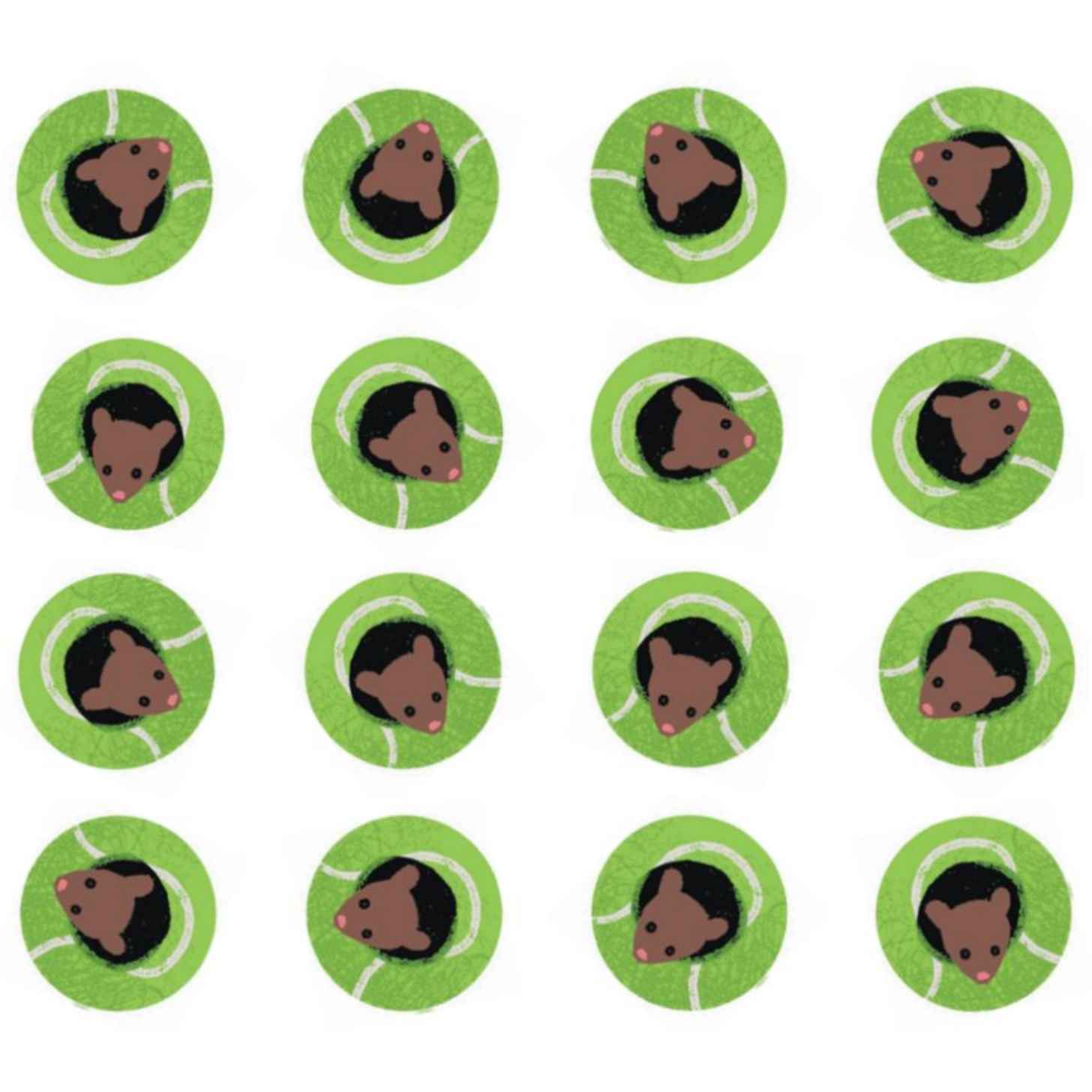 Drawings of field mice popping their head out of holes in tennis balls