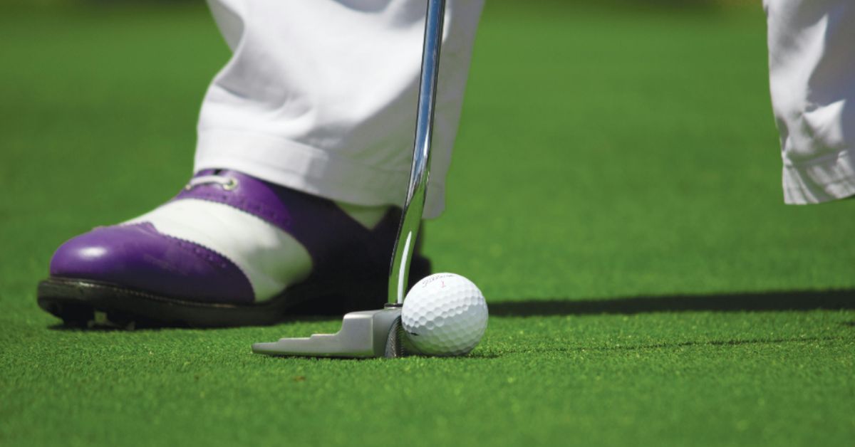 A golfer stands by a golf ball with a club at the ready. 