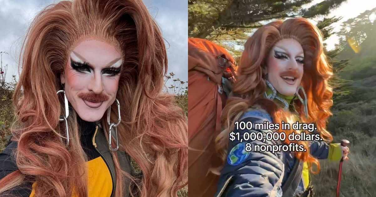 Drag Queen Pattie Gonia takes a selfie outdoors, next to a screenshot of Pattie Gonia backpacking 