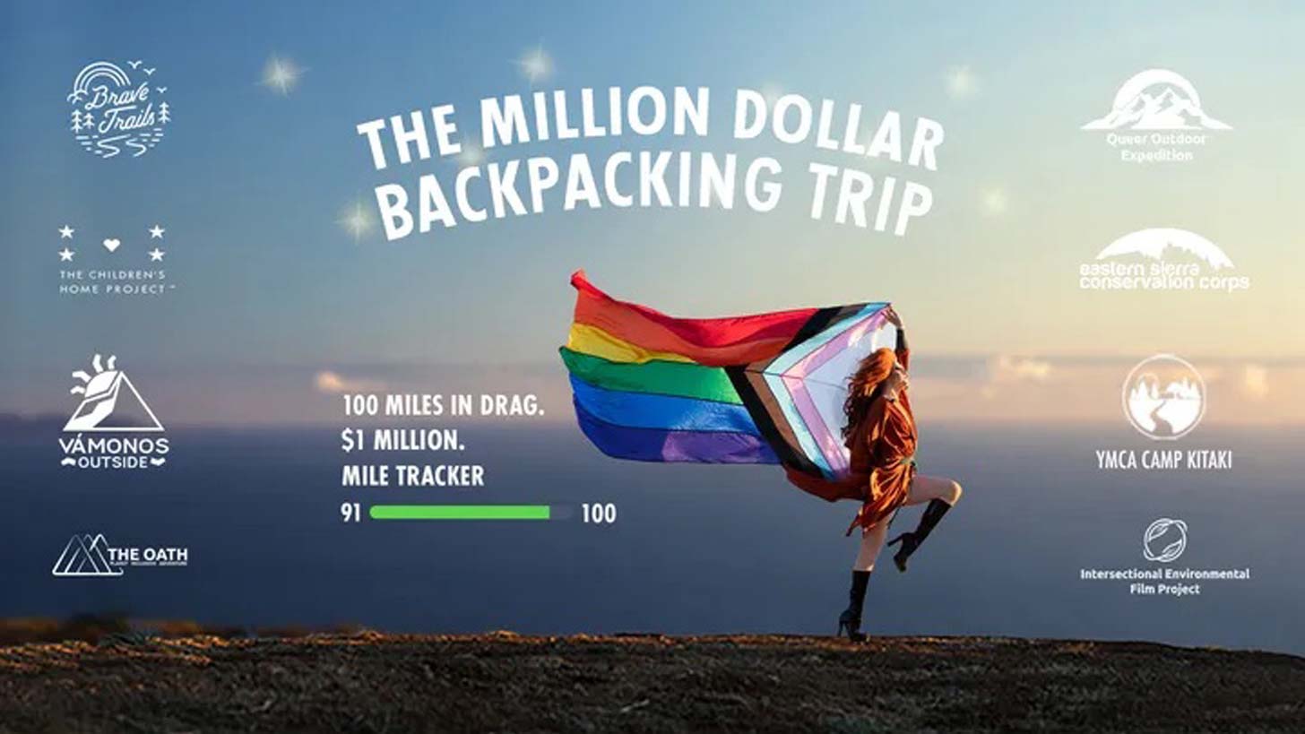 Pattie Gonia hikes outdoors, holding a waving Pride flag under the text: "The million dollar backpacking trip"