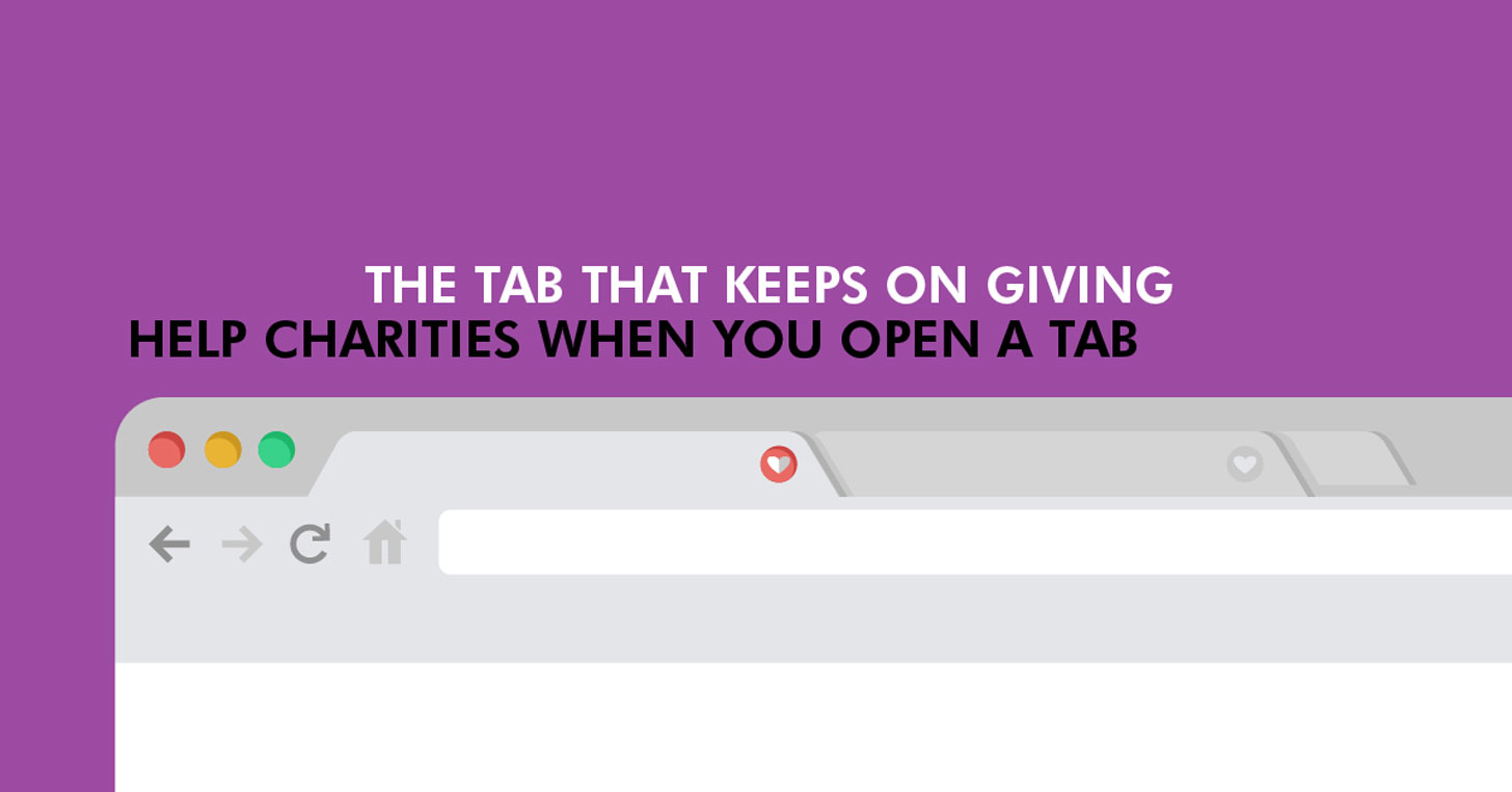 An illustrated web browser. Text: "The tab that keeps on giving. Help charities when you open a tab"