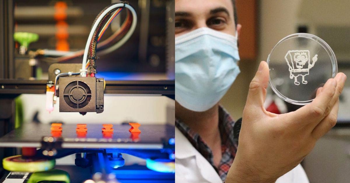 Two photos side by side. On the left is a 3D printer. On the right, a scientist holds up a petri dish containing a food item shaped like SpongeBob SquarePants