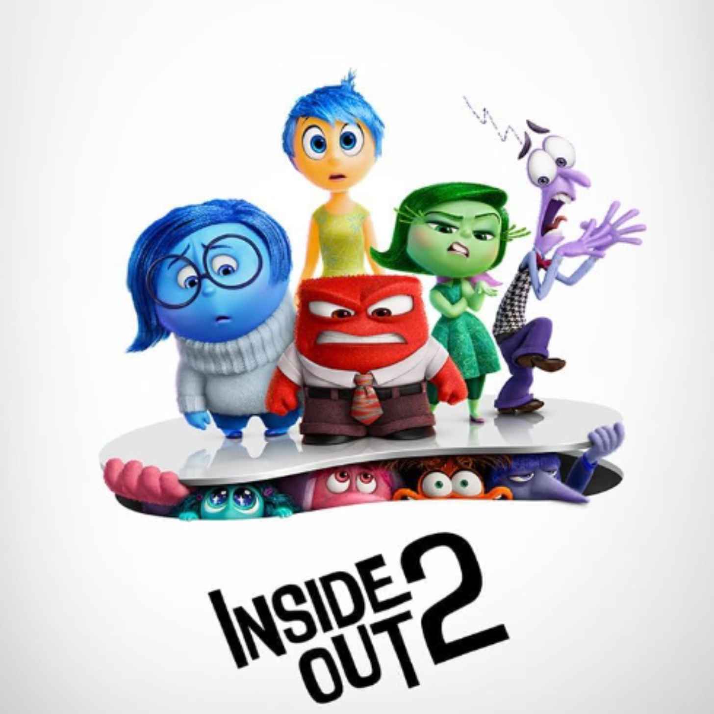 A poster from Inside Out 2 in which the original characters (Joy, Sadness, Anger, Jealousy, and Fear) are standing on top of a hole in the ground and new creatures are trying to come in