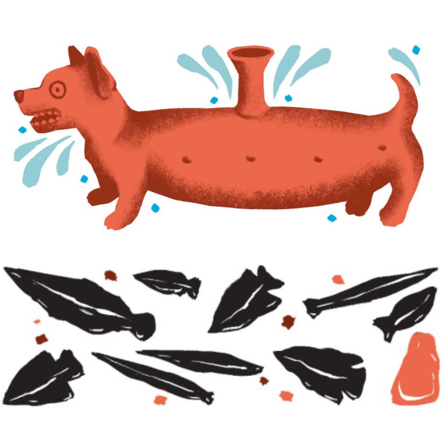 A clay statue of a mexican dog and spears beneath it