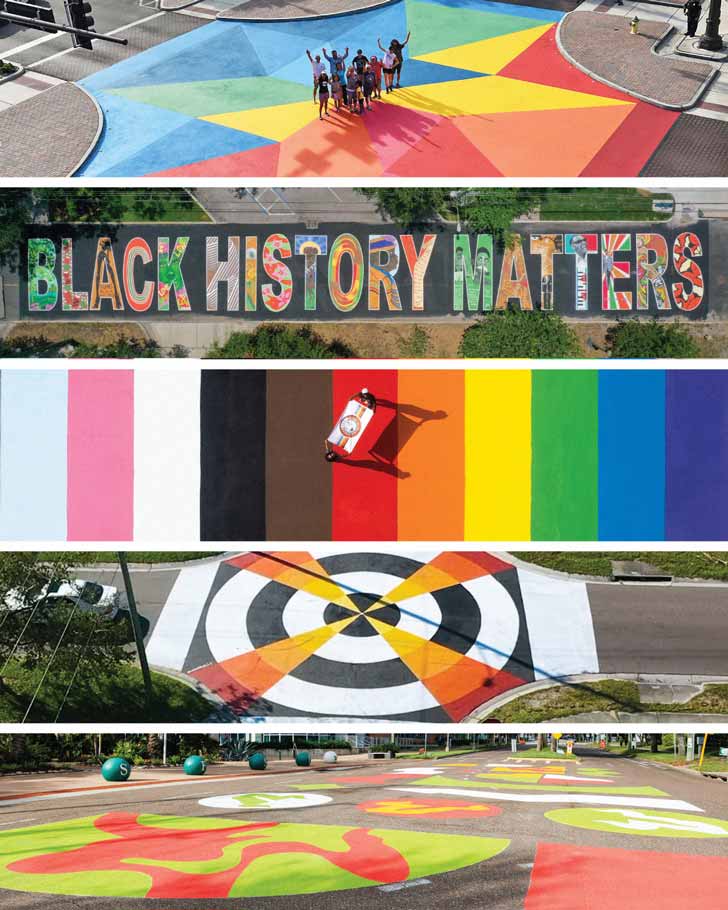 A collage of five colorful murals painted on the streets of St. Petersburg, Florida