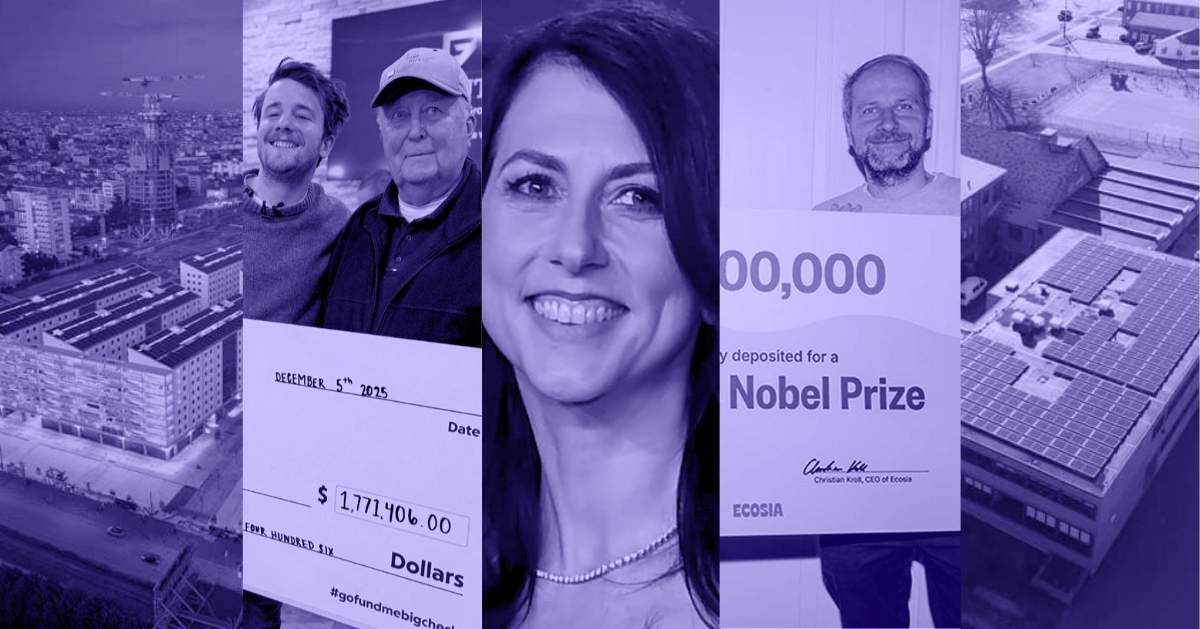 A photo collage of Milan's Olympic Village, two men holding up a cheque in the form of a big signage, a portrait of MacKenzie Scott smiling, a man holds up a big signage that says 'Nobel Prize', and an aerial view of a building with solar panels on its rooftop