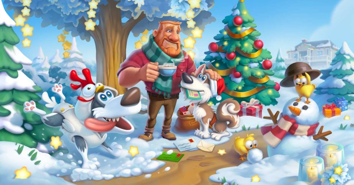 A screen capture from the phone game Hay Day, where a burly farmer is petting cartoon dogs.