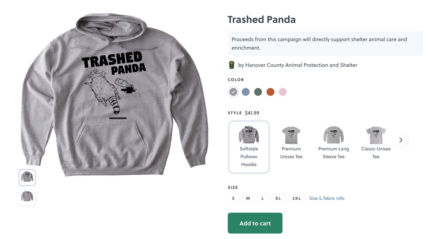 A screenshot of a Bonfire listing for a grey sweatshirt that reads "Trashed Panda"