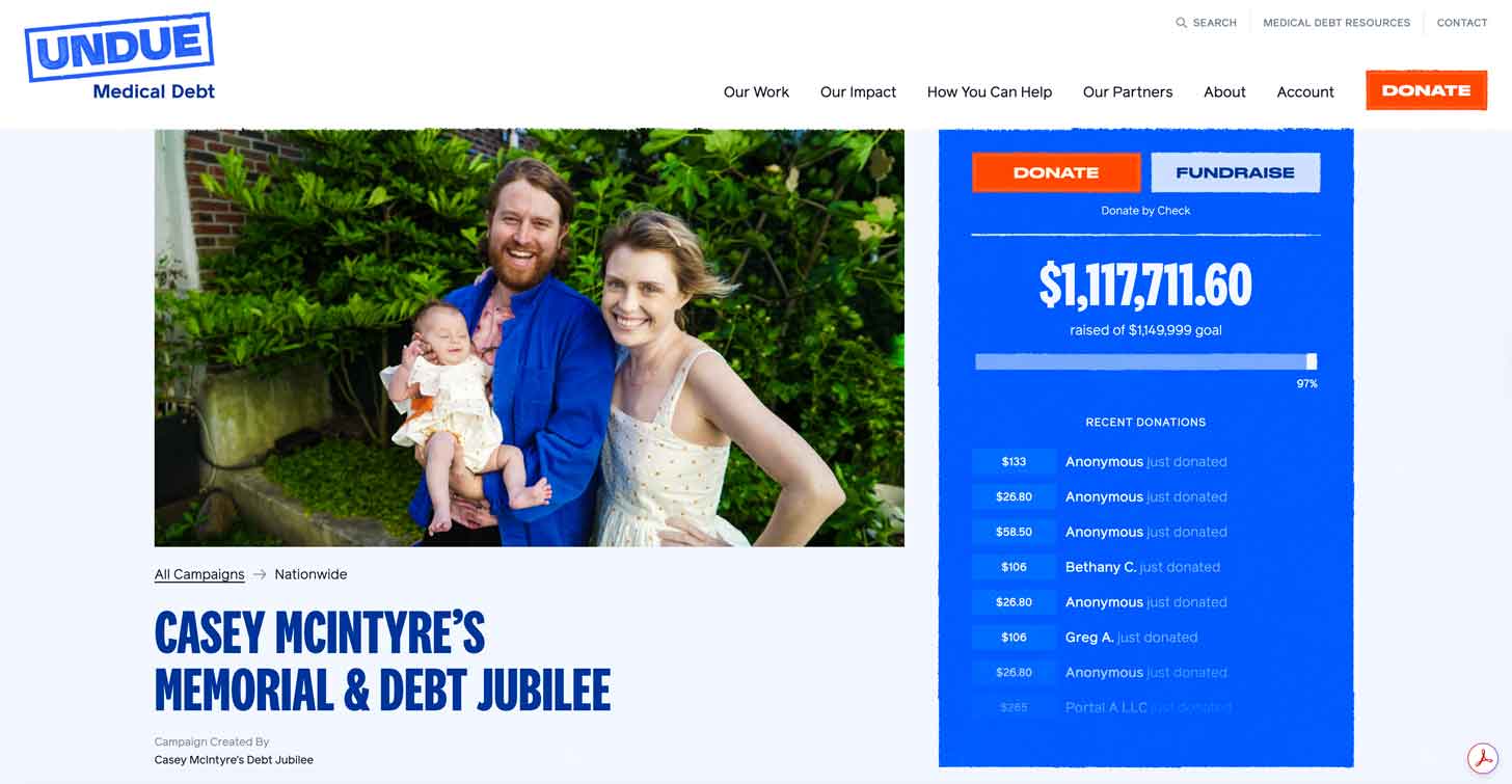 A screenshot of Casey McIntyre's Debt Jubilee on Undue Medical Debt
