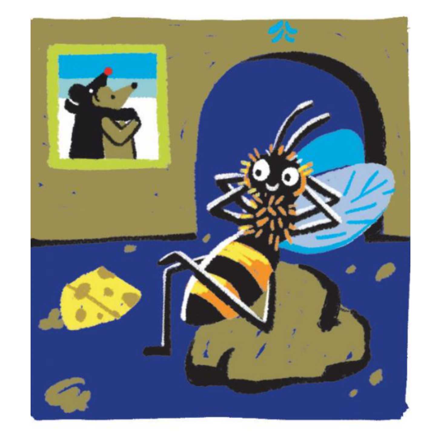 An illustration of a bumblebee relaxing in a den with a picture of rats holding each other on the wall